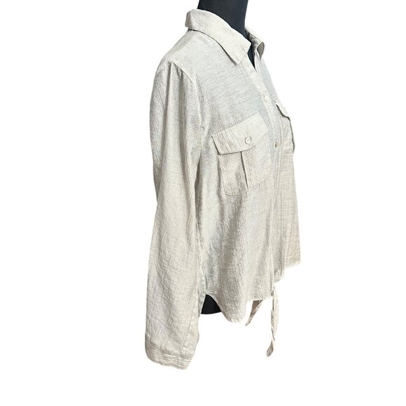 Chico's Shirt Size 2 L Begie Tie Front Button Up Roll Tab Sleeves Lightweight - Picture 4 of 11
